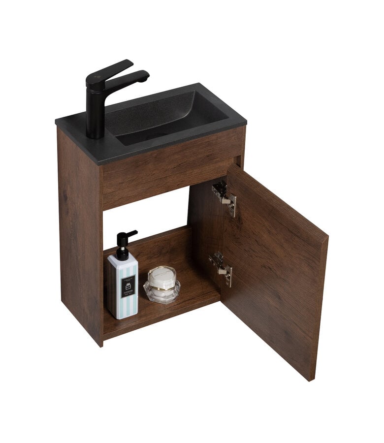 Badplaats Toiletmeubel Sinta 40cm - Walnoot Bruin - Zwarte Wastafel