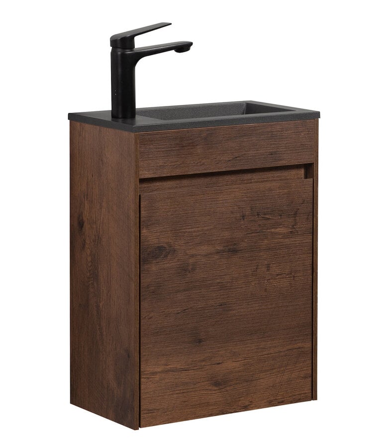 badplaats Toiletmeubel Sinta 40cm - walnoot bruin - zwarte wastafel