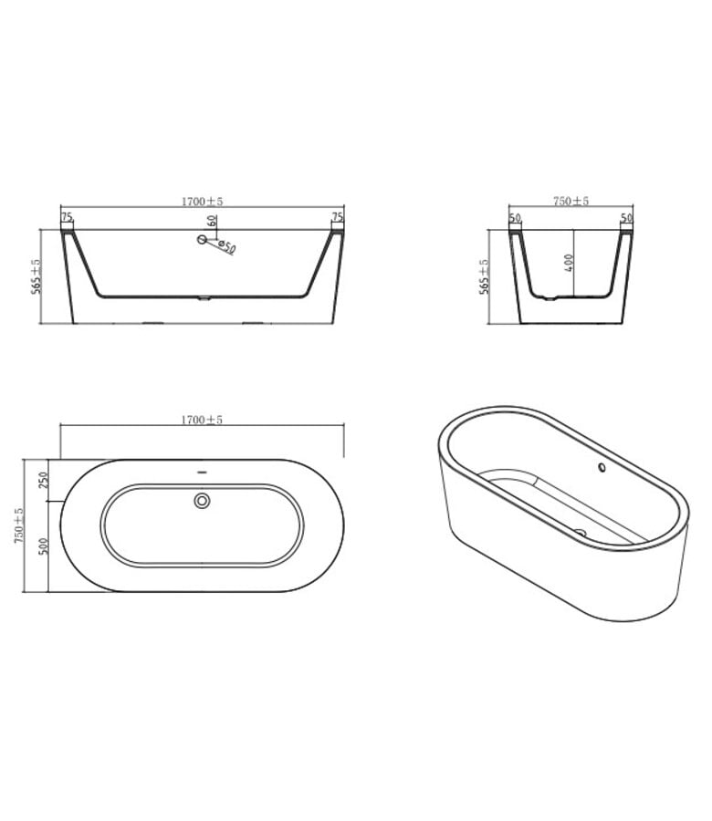 Badplaats Vrijstaand Ligbad Aris 170 X 75 X 57 Cm - Wit