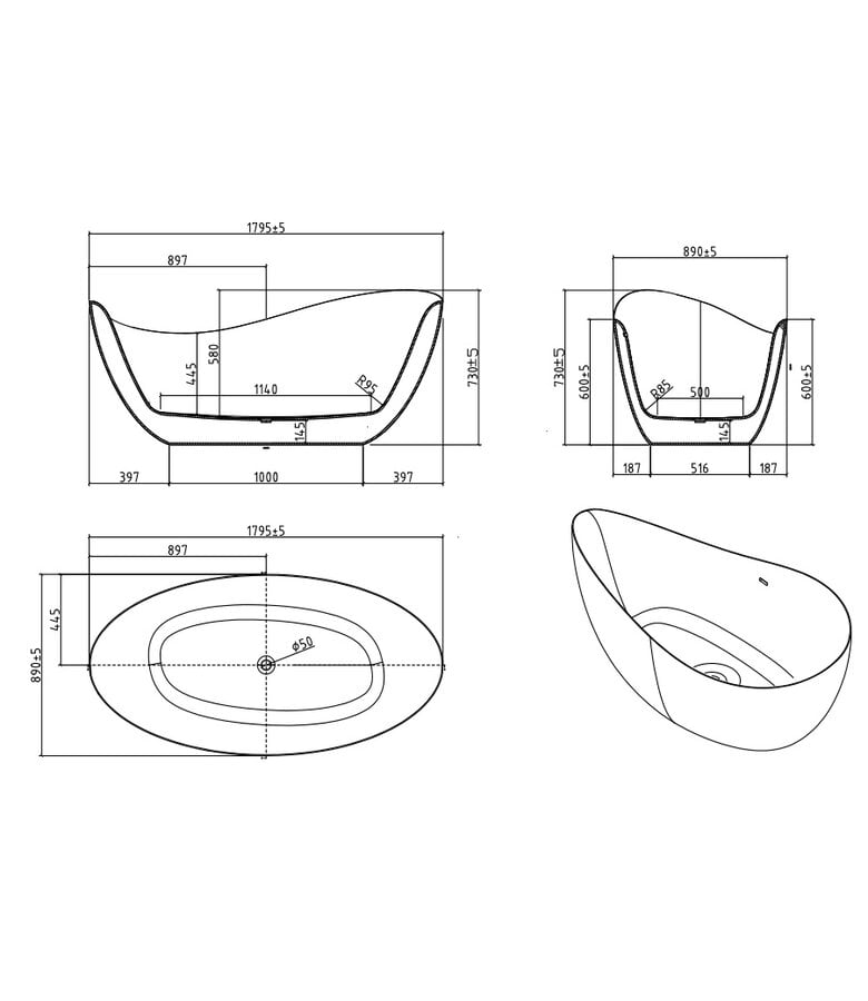 Badplaats Vrijstaand Ligbad Baku 180 X 89 X 73 Cm - Zwart