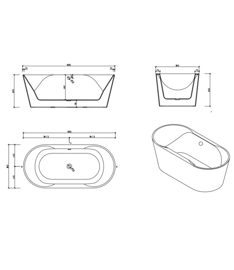 Badplaats Vrijstaand Ligbad Monaco 170 X 80 X 61 Cm - Wit