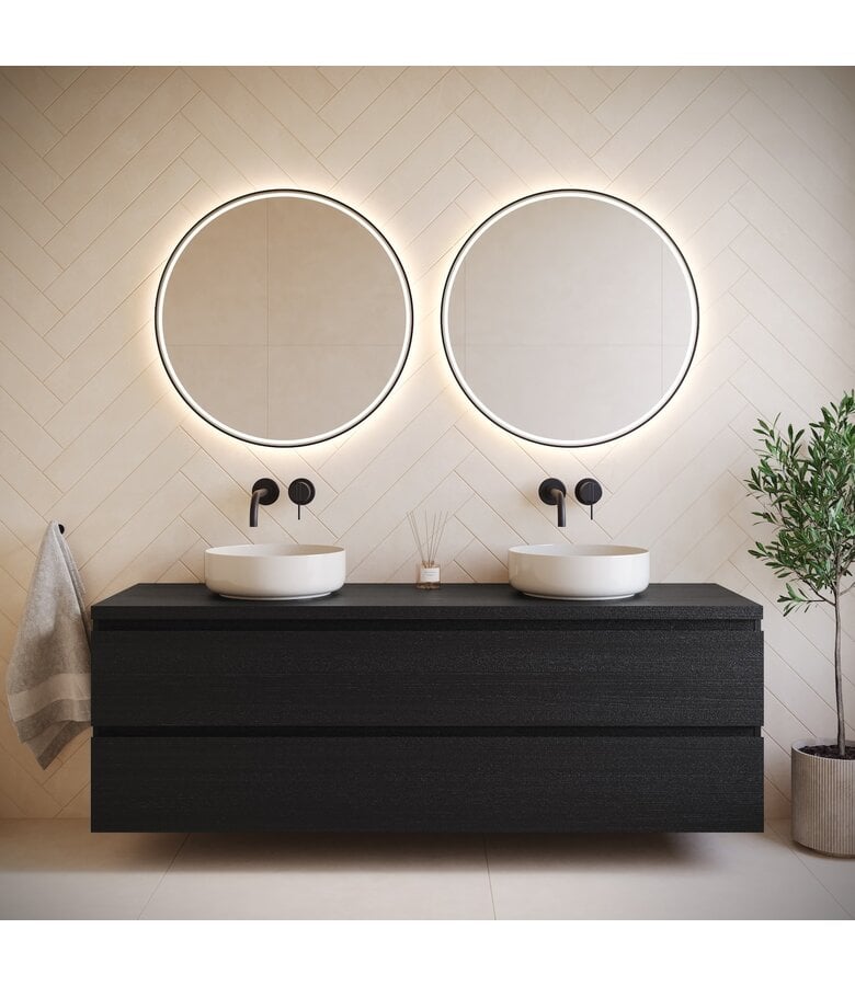 Badplaats Wastafelkast Angela 140 X 48 X 54 Cm - Zwart Houtnerf - Met Bovenblad