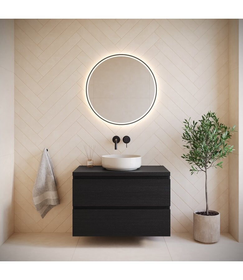 Badplaats Wastafelkast Angela 80 X 48 X 54 Cm - Zwart Houtnerf - Met Bovenblad