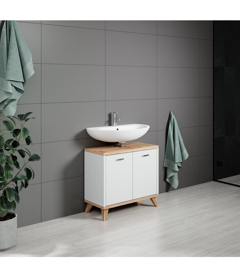 Badplaats Wastafelkast Colima 60 X 28 X 54 Cm - Wit Met Eiken