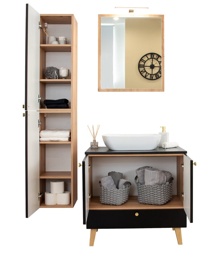 Badplaats Wastafelkast Rincon 60cm - Zwart Met Eiken - Met Spiegel En Zijkast