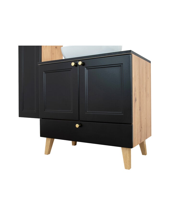 Badplaats Wastafelkast Rincon 60cm - Zwart Met Eiken - Met Spiegel En Zijkast