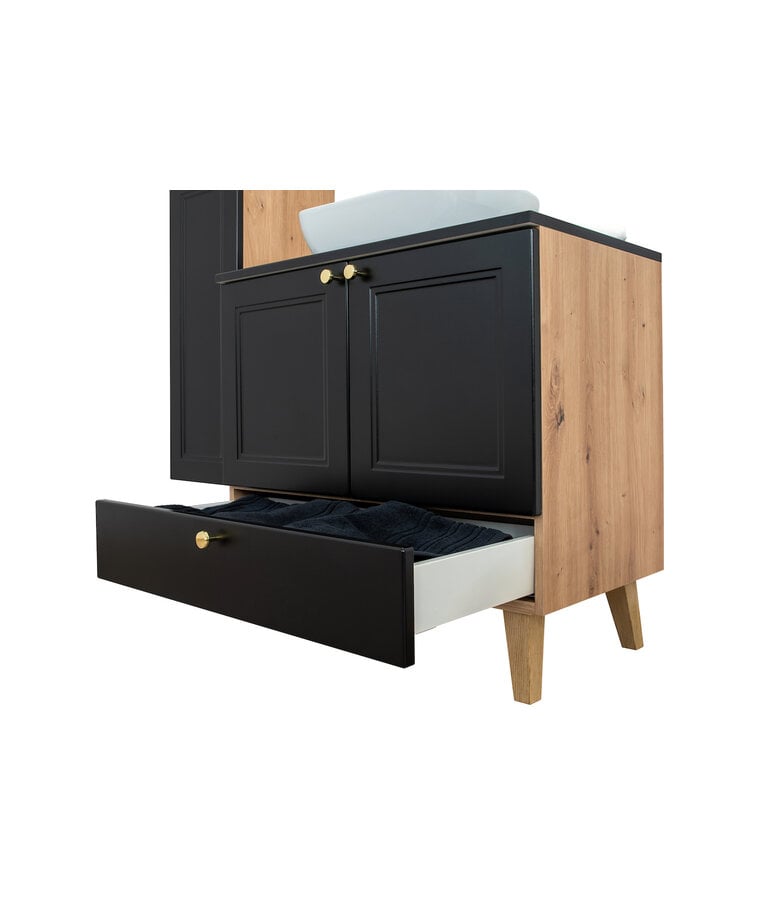 Badplaats Wastafelkast Rincon 60cm - Zwart Met Eiken - Met Spiegel En Zijkast