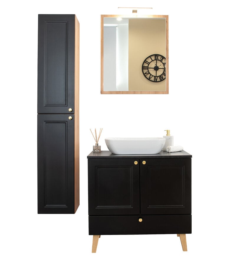 badplaats Wastafelkast Rincon 60cm - zwart met eiken - met spiegel en zijkast