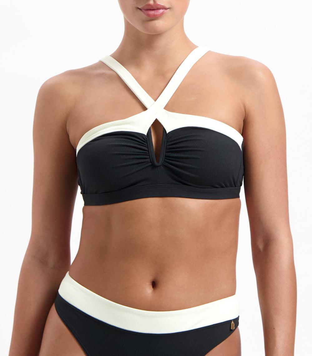 Beachlife Vanilla And Black Plunge Bikinitop