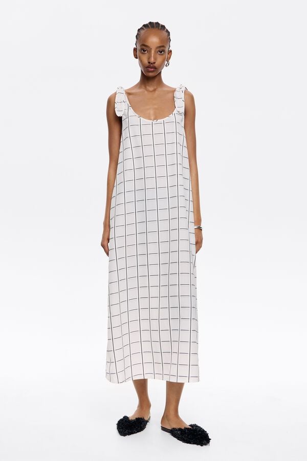bimba & lola Jurk A-lijn strikken ruiten ivoorwit