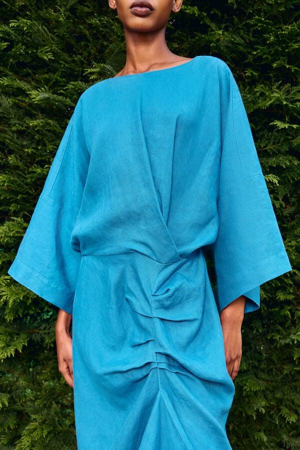 bimba & lola Jurk linnen met ruche elektrisch blauw