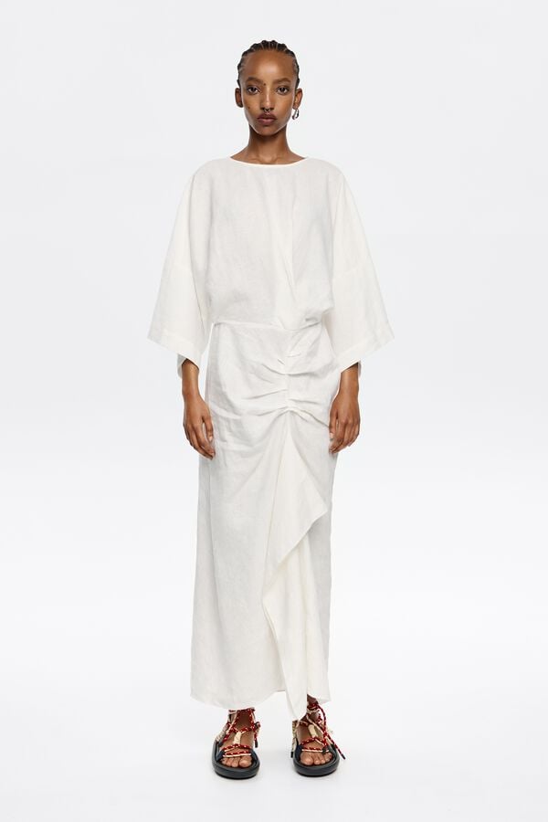 bimba & lola Jurk linnen met ruche ivoorwit