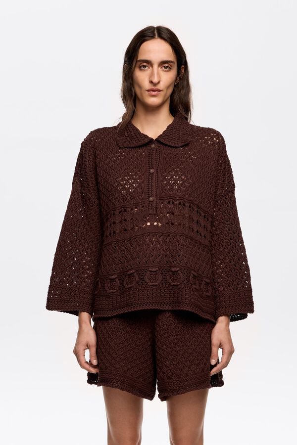 Bimba & Lola Poloshirt Crochet Donkerbruin