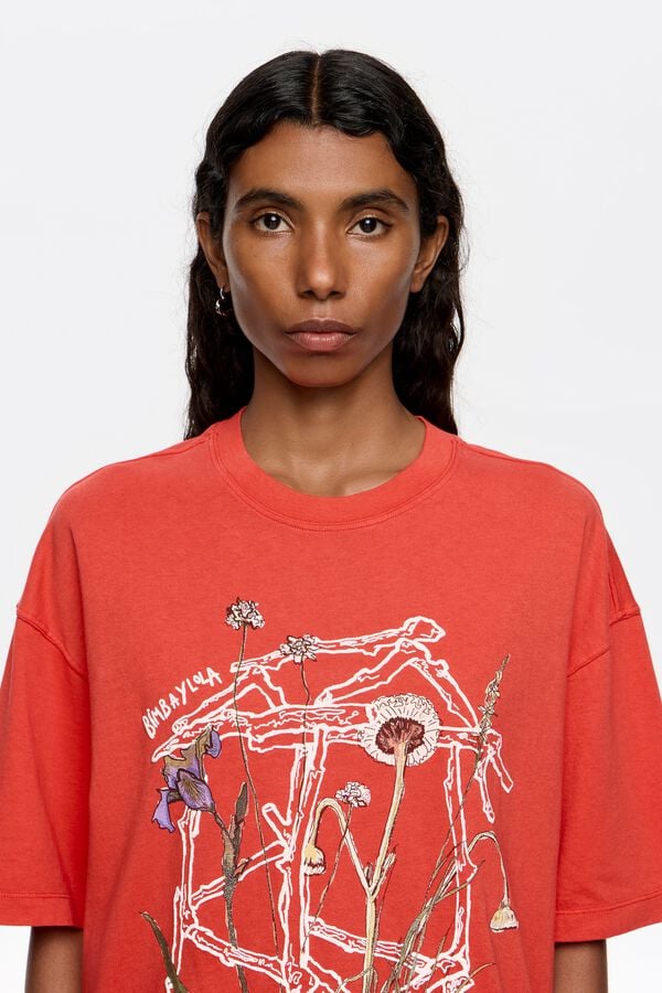 Bimba & Lola T-shirt Oversized Logo Borduursel Rood