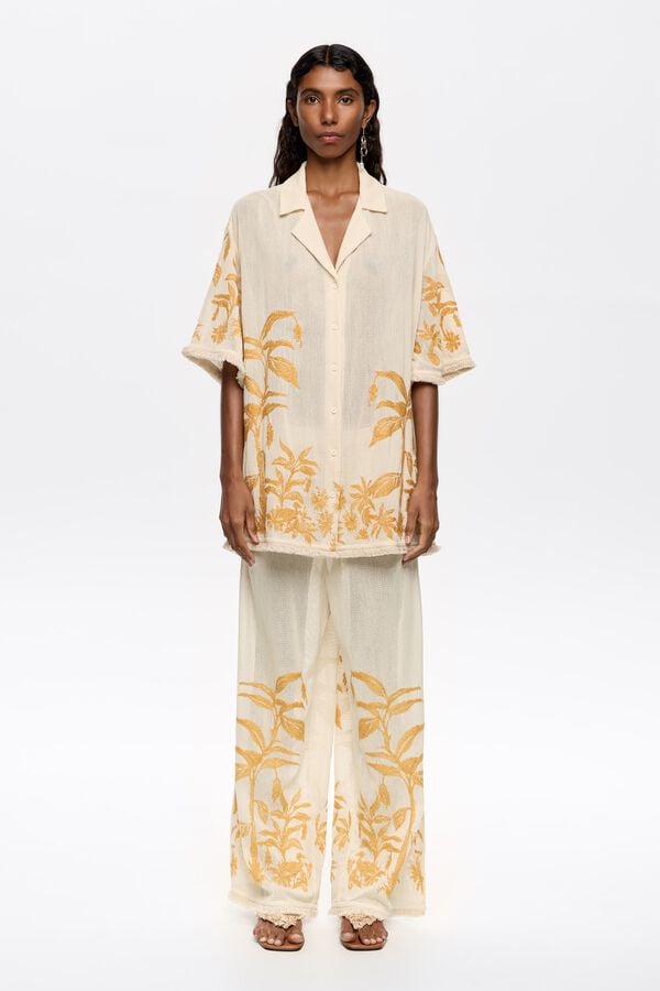 bimba & lola Broek recht borduursel en rafels vanille