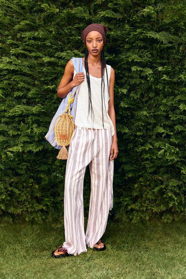 Bimba & Lola Joggingbroek Linnen Gerafeld Strepen Ivoorwit