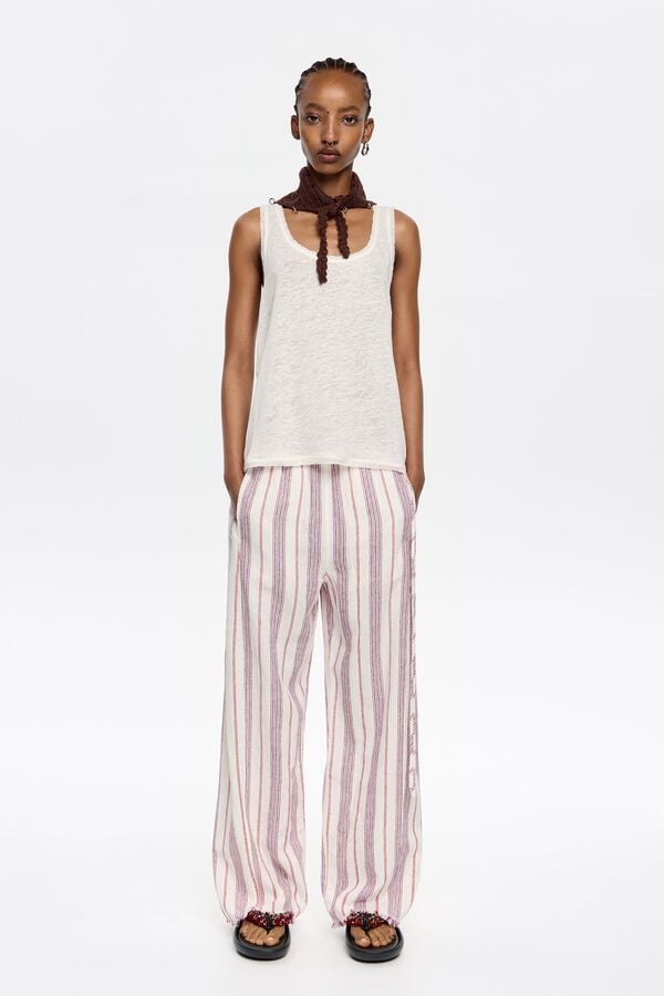 bimba & lola Joggingbroek linnen gerafeld strepen ivoorwit