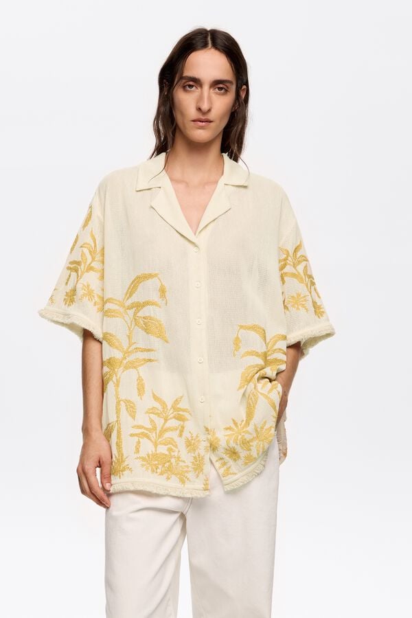 bimba & lola Oversized shirt borduursel en rafels vanille