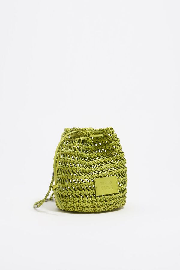 bimba & lola Tas bucket klein leer gevlochten acid limegroen