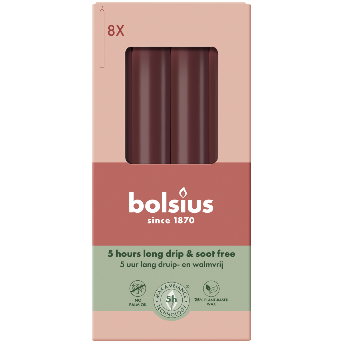 bolsius Bolsius - Essentials - gladde dinerkaars - 17cm - bordeaux - in doos van 8 stuks