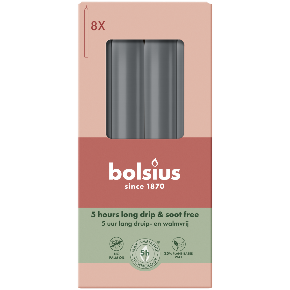 bolsius Bolsius - Essentials - gladde dinerkaars - 17cm - grijs - in doos van 8 stuks