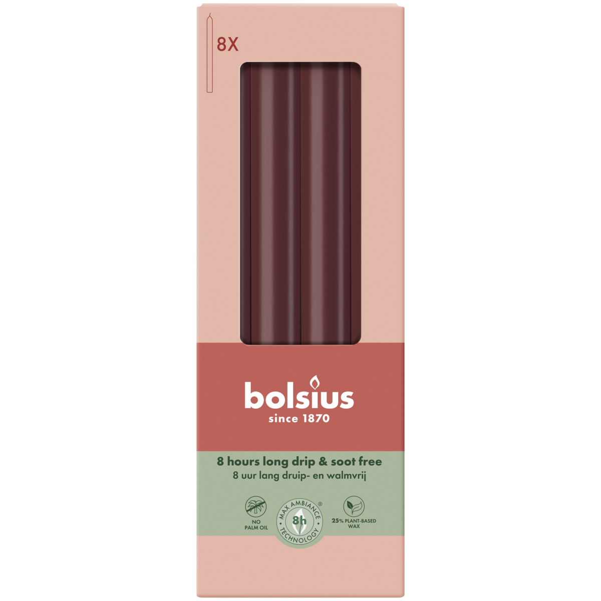 bolsius Bolsius - Essentials - gladde dinerkaars - 23cm - bordeaux - in doos van 8 stuks