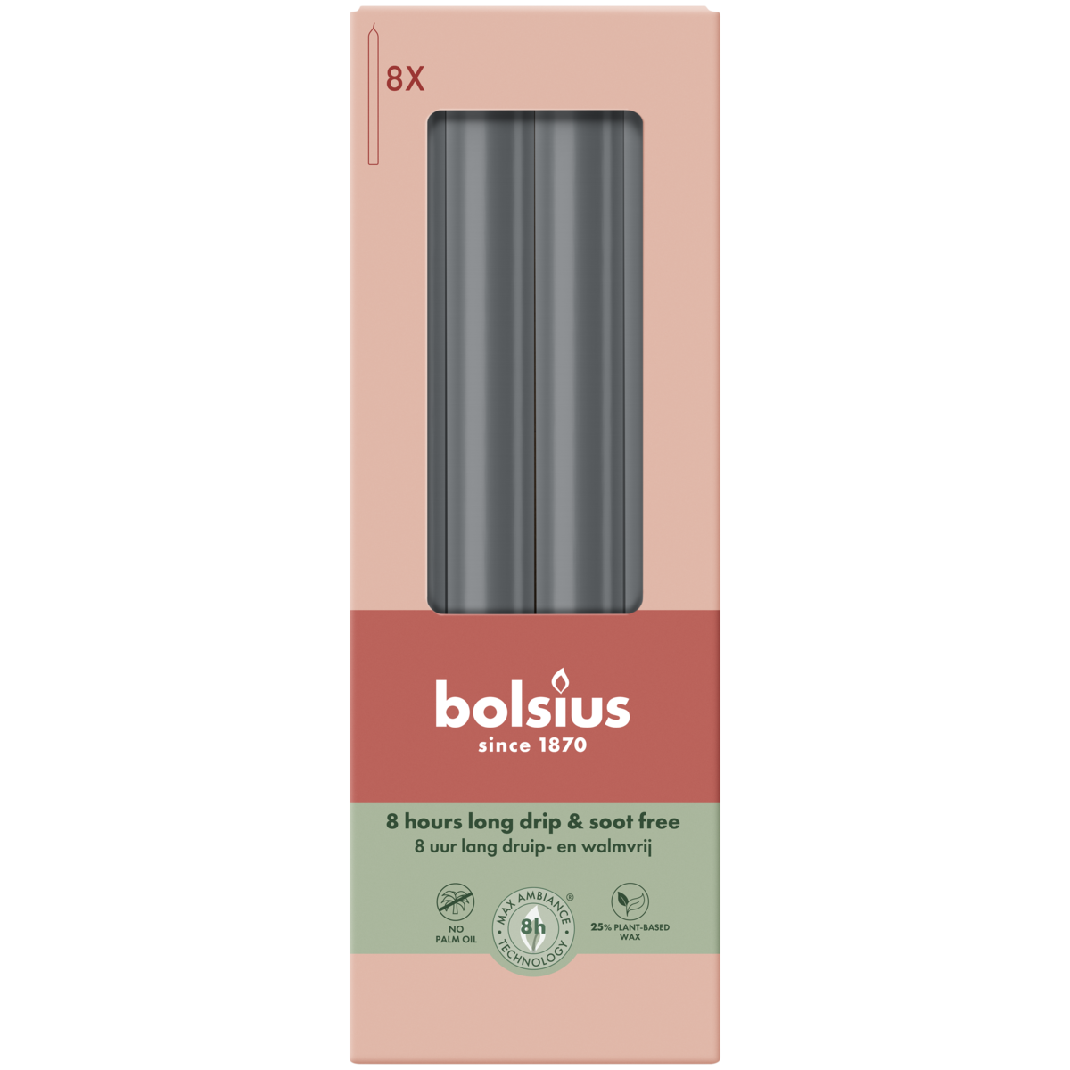 bolsius Bolsius - Essentials - gladde dinerkaars - 23cm - grijs - in doos van 8 stuks