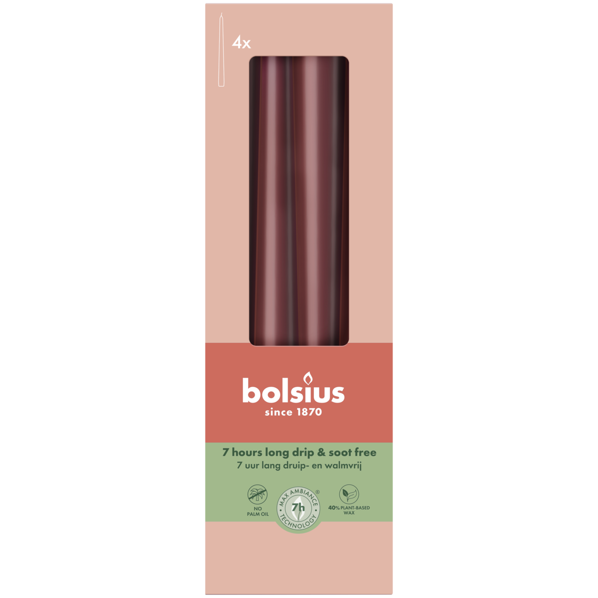 bolsius Bolsius - Essentials - gladde dinerkaars taps - 24 5cm - bordeaux - in doos van 4 stuks