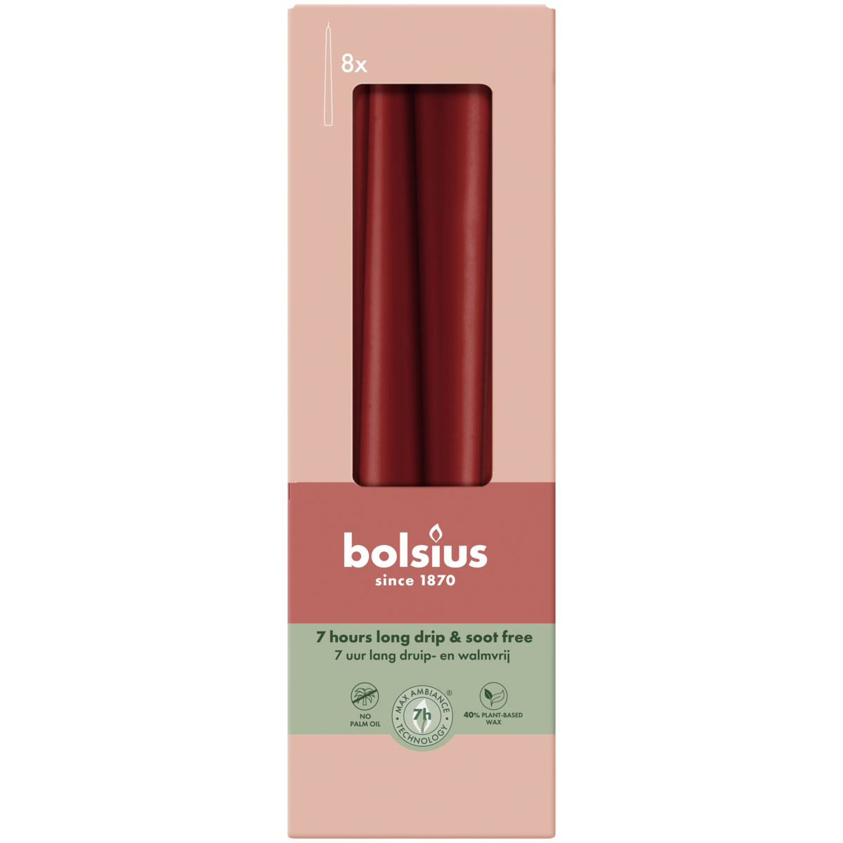 bolsius Bolsius - Essentials - gladde dinerkaars taps - 24 5cm - bordeaux - in doos van 8 stuks