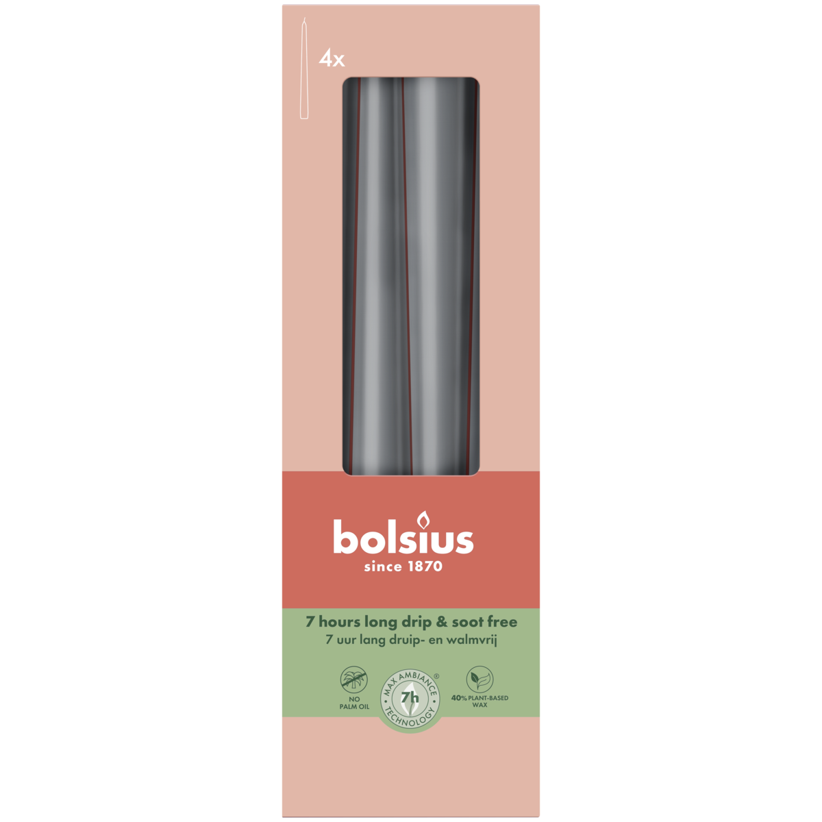 bolsius Bolsius - Essentials - gladde dinerkaars taps - 24 5cm - grijs - in doos van 4 stuks