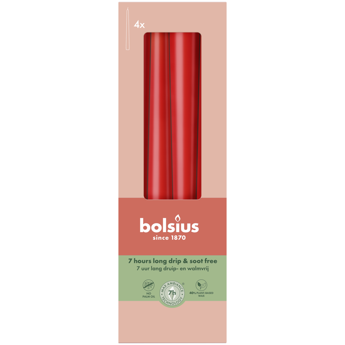 bolsius Bolsius - Essentials - gladde dinerkaars taps - 24 5cm - rood - in doos van 4 stuks