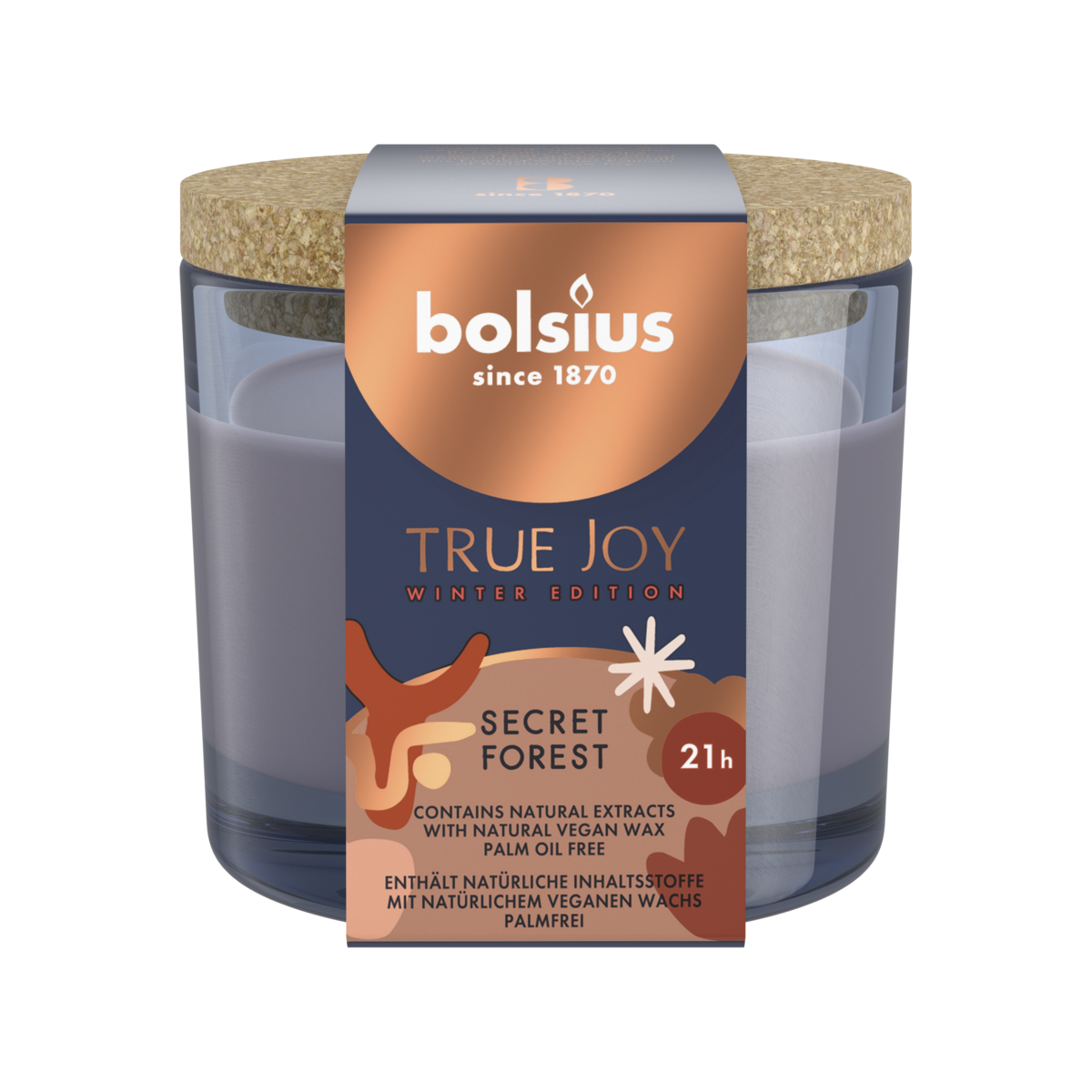 bolsius Bolsius - geurkaars in glas met kurken deksel - True Joy Winter Edition - donkerblauw - Secret Forest
