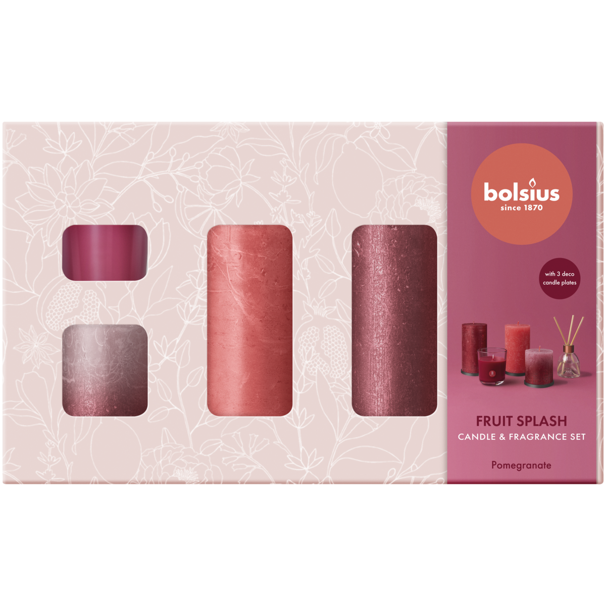 bolsius Bolsius - giftset Fruit Splash - rustieke kaarsen en geuren - granaatappel