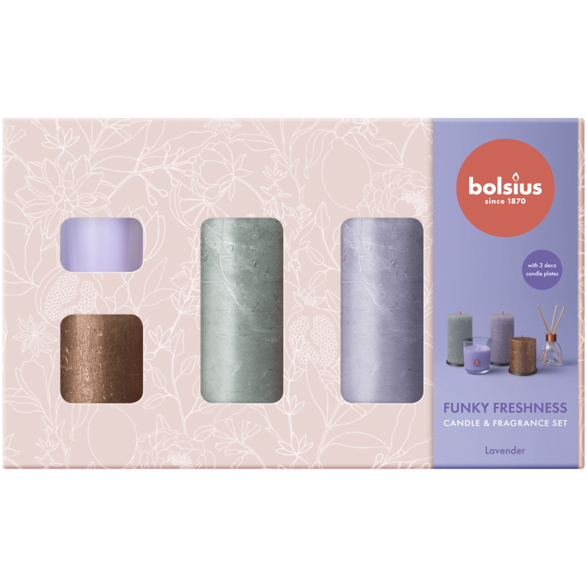 bolsius Bolsius - giftset Funky Freshness - rustieke kaarsen en geuren - Lavendel