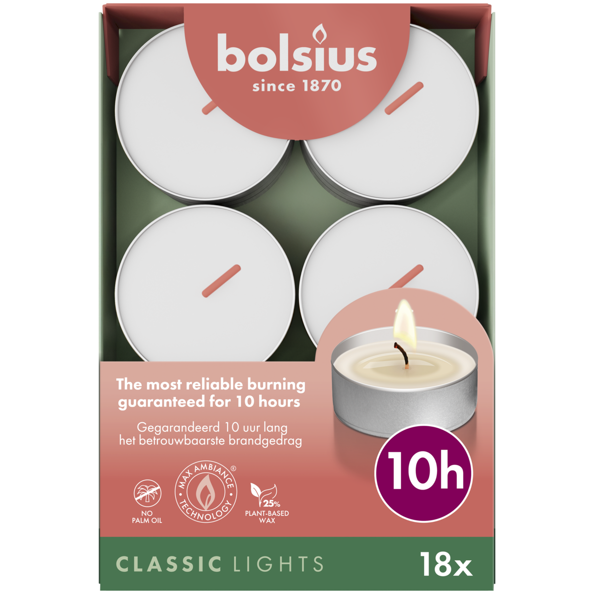 bolsius Bolsius - maxi waxinelichtjes met zilveren cup - in doos - 10 branduren - 18 stuks