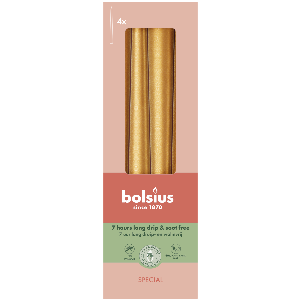 bolsius Bolsius - Special Essentials - gladde dinerkaars taps - 24 5cm - goud metallic - in doos van 4 stuks