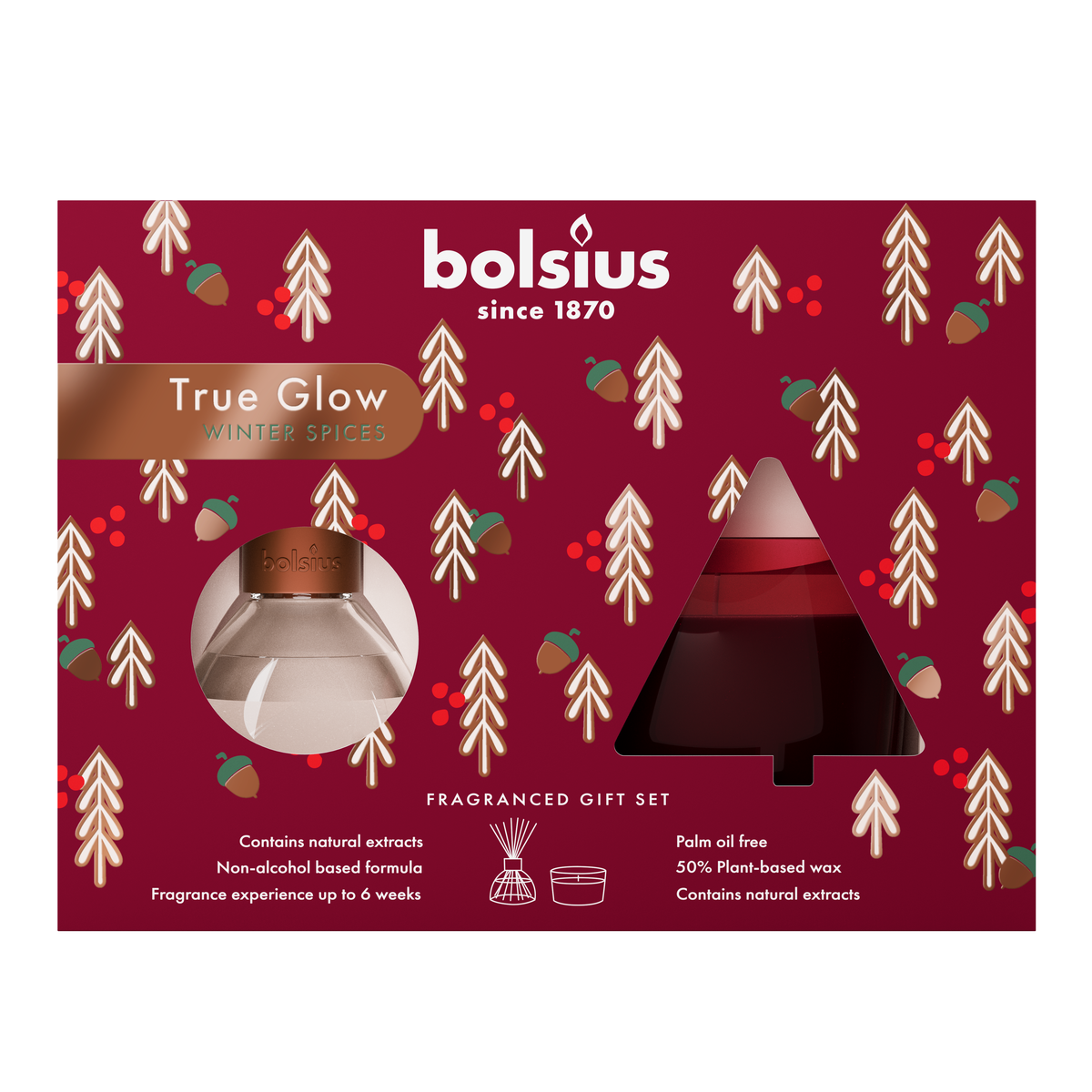 bolsius Bolsius - True Glow - giftset - geurkaars in glas en geurstokjes - Winterkruiden - bordeaux