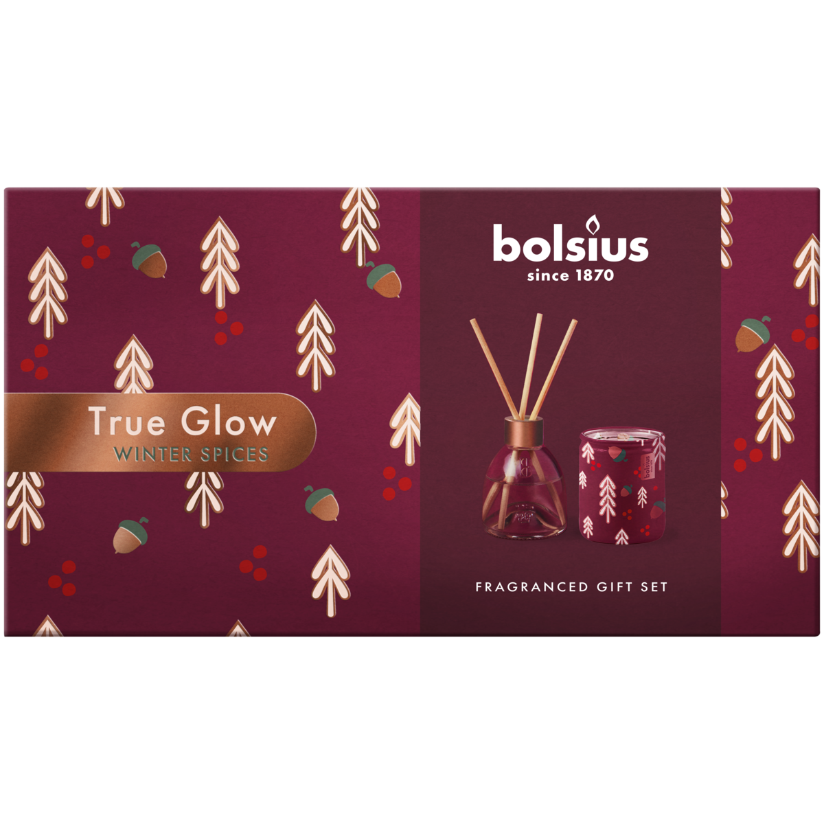 bolsius Bolsius - True Glow - giftset - geurkaars in glas en geurstokjes - Winterkruiden - bordeaux
