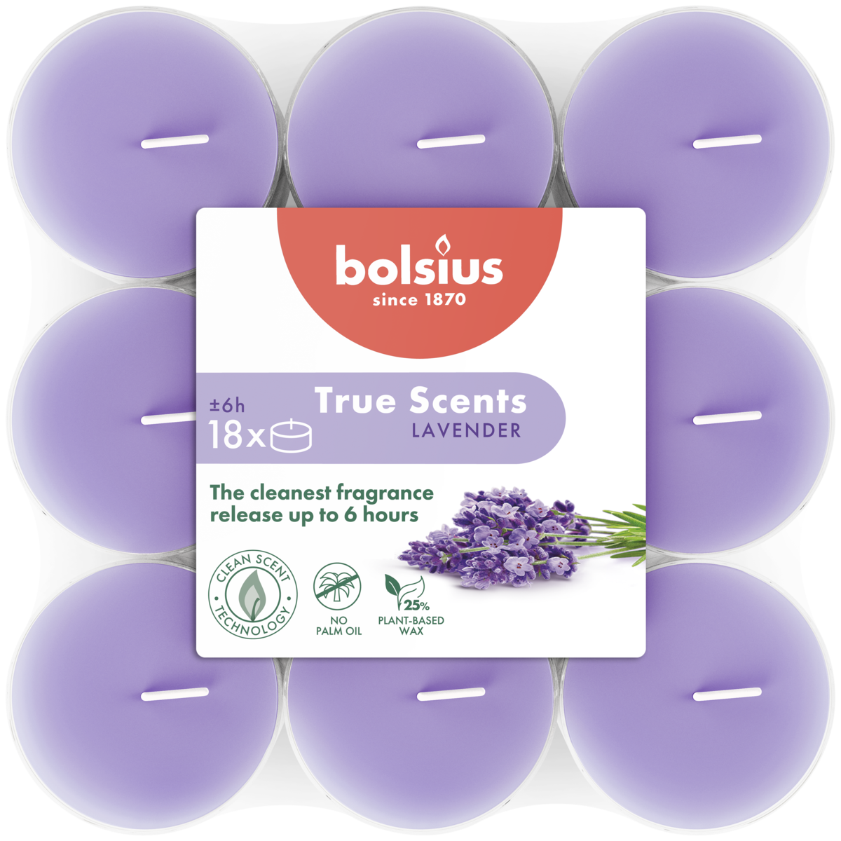 bolsius Bolsius True Scents - geurtheelichten - Lavendel - blauwpaars - per 18 stuks - doorzichtige cup