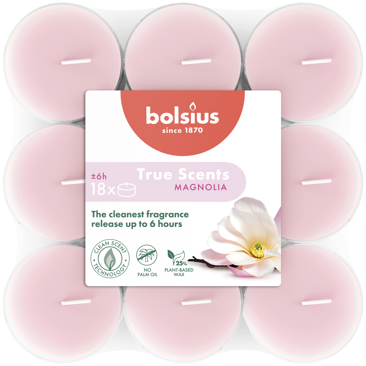 bolsius Bolsius True Scents - geurtheelichten - Magnolia - roze - per 18 stuks - doorzichtige cup