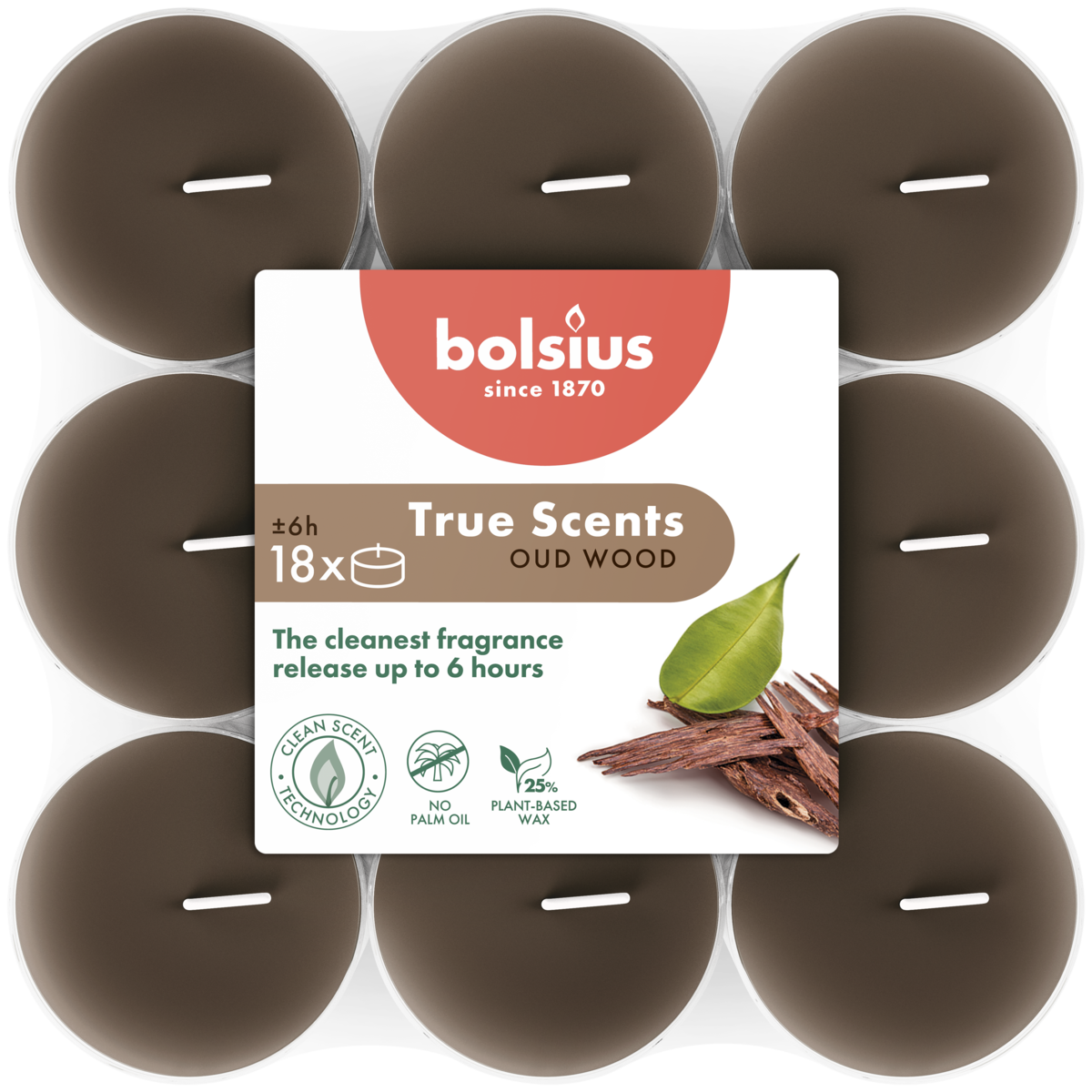 bolsius Bolsius True Scents - geurtheelichten - Oud Wood - bruin - per 18 stuks - doorzichtige cup