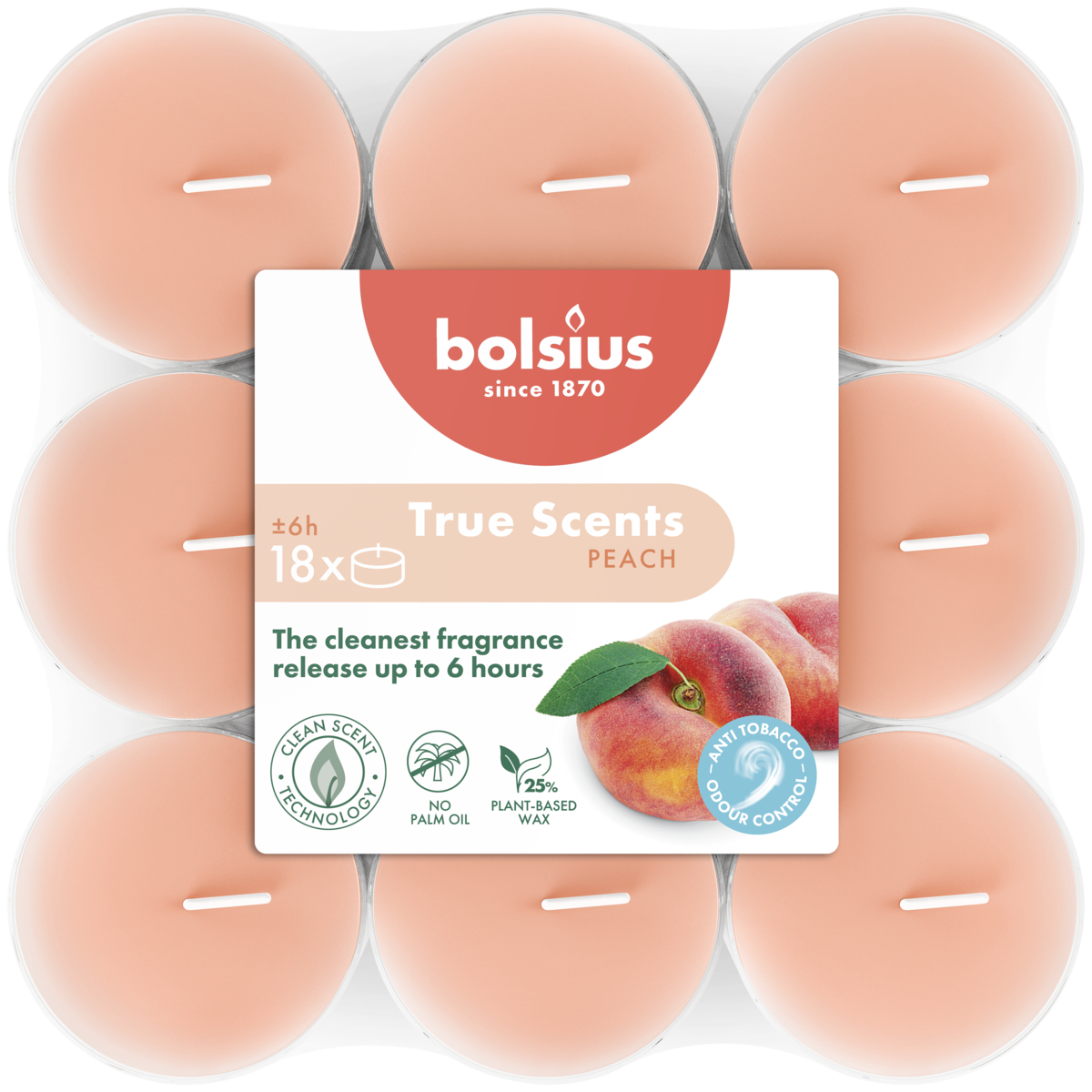 bolsius Bolsius True Scents - geurtheelichten - Perzik - oranje - per 18 stuks - doorzichtige cup