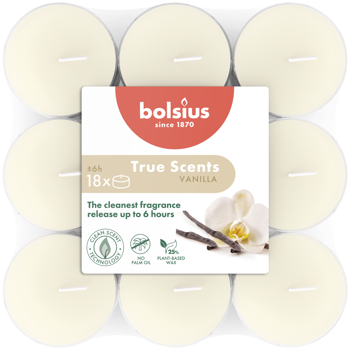 bolsius Bolsius True Scents - geurtheelichten - Vanille - ivoor - per 18 stuks - doorzichtige cup