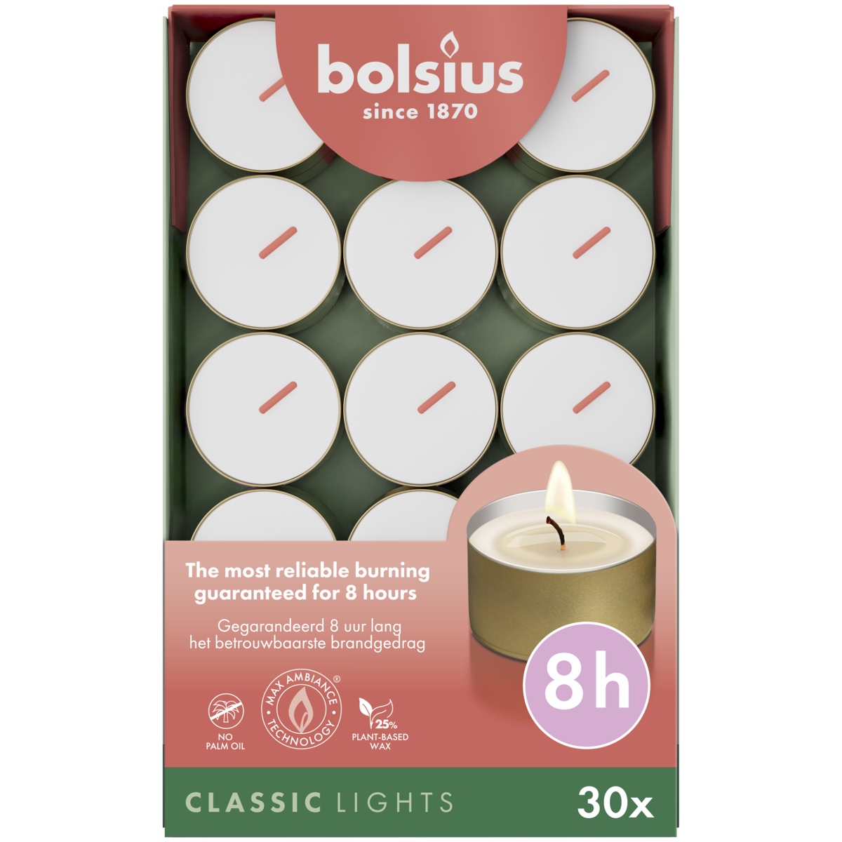 bolsius Bolsius - waxinelichtjes met gouden cup - in doos - 8 branduren - 30 stuks