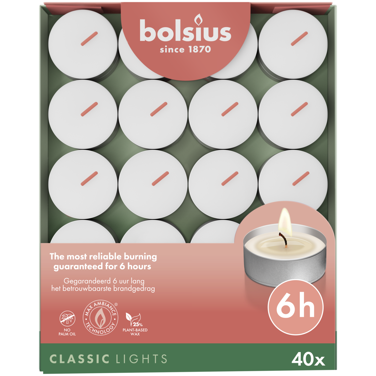 bolsius Bolsius - waxinelichtjes met zilveren cup - in doos - 6 branduren - 40 stuks