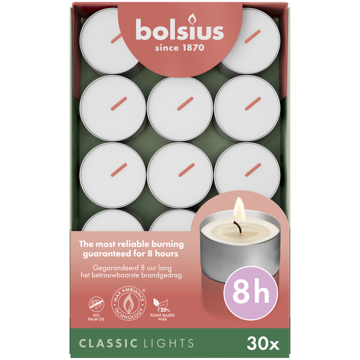 bolsius Bolsius - waxinelichtjes met zilveren cup - in doos - 8 branduren - 30 stuks