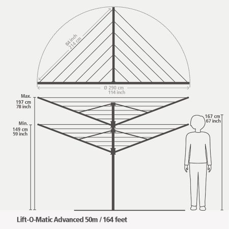 Brabantia Lift-O-Matic Advance Droogmolen 50 Meter Met Kunststof Betonanker Ø 50 Mm Beschermhoes En Wasknijpertasje - Metallic Grey