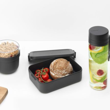 Brabantia Make & Take Ontbijt- En Lunchset 3-delig Kunststof (waterfles Met Zeef Ontbijtkom 0 5 Liter Lunchbox Medium) - Dark Grey