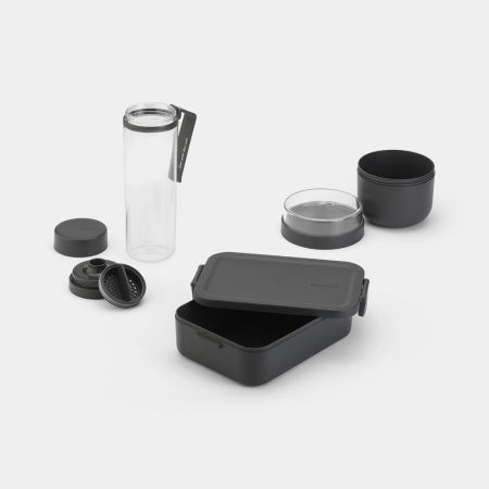 Brabantia Make & Take Ontbijt- En Lunchset 3-delig Kunststof (waterfles Met Zeef Ontbijtkom 0 5 Liter Lunchbox Medium) - Dark Grey