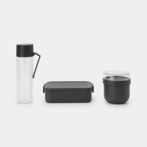 brabantia Make & Take Ontbijt- en Lunchset 3-delig kunststof (waterfles met zeef ontbijtkom 0 5 liter lunchbox medium) - Dark Grey